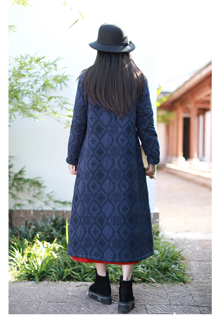 LZJN 2019 Winter Jacket Women Stand Collar Quilted Overcoat Long Chinese Parka Jacquard Autumn Coat Pocket Winterjas  (2)