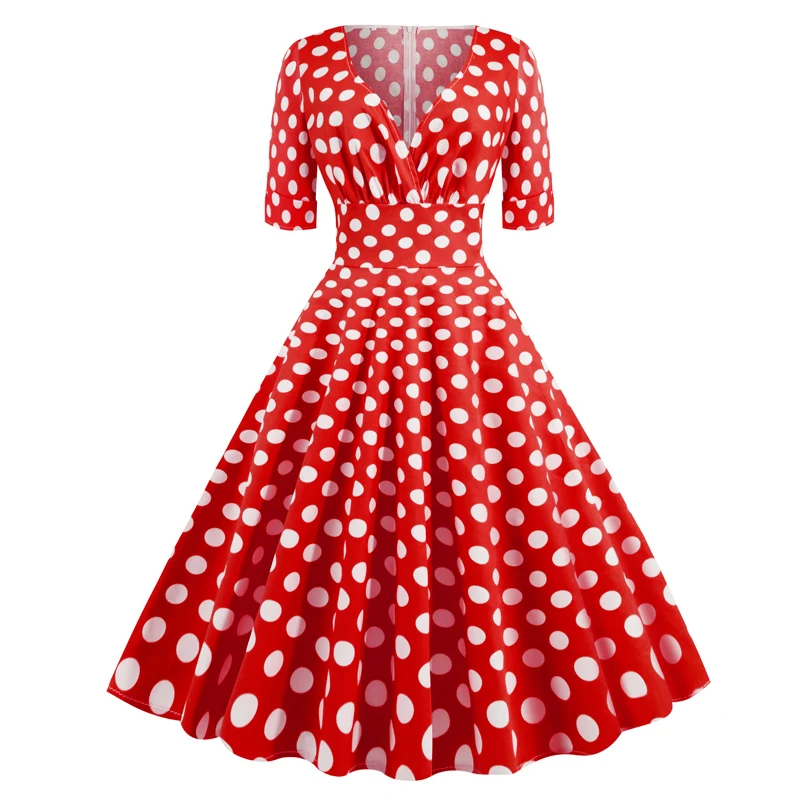red polka dot Жёлтое винтажное платье в горошек, женское летнее сексуальное платье с v-образным вырезом и рукавом средней длины, элегантное Хлопковое платье для вечеринок 50s - Цвет: red polka dot