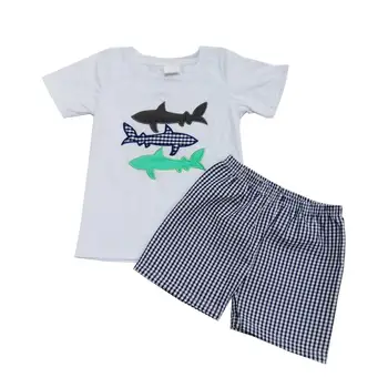 

Cotton shirt shorts set for baby boy with fish shark embroidery
