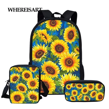 

WHEREISART Stylish Sunflower Print School Bag for Students Kids Teen Girls Canvas School Bag Student Backpack mochilas escolar