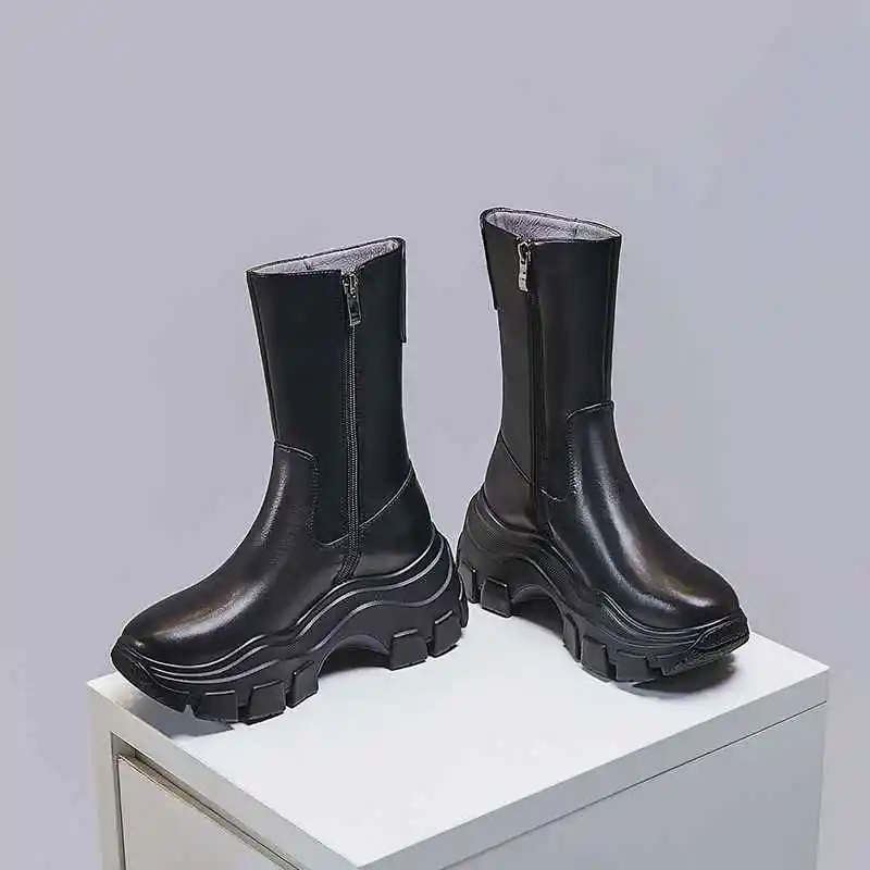 krazing pot cow leather motorcycles boots thick bottom high heels zipper metal buckle fasteners keep warm mid-calf boots L16