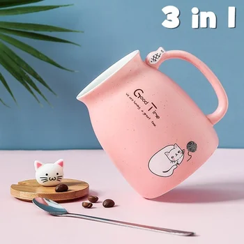 

420ML Ceramic Mugs Creative Cat Kitty Mugs with Spoon Lid Porcelain Milk Coffee Water Cup Drinkware Wedding Christmas Gift