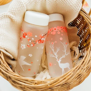 

Creative Cute Frosted Glass Water Bottle Fashion Cherry Blossoms Outdoor Portable Bottles Camping Sport Bottle Tour Drinkware