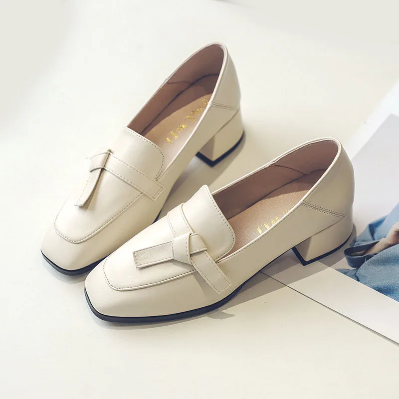 

New Women Pumps Chaussure Femme Fashion Bowknot Superfine Fiber Block Chunky Low Heels Single Shoes Woman Square head Toe Pumps