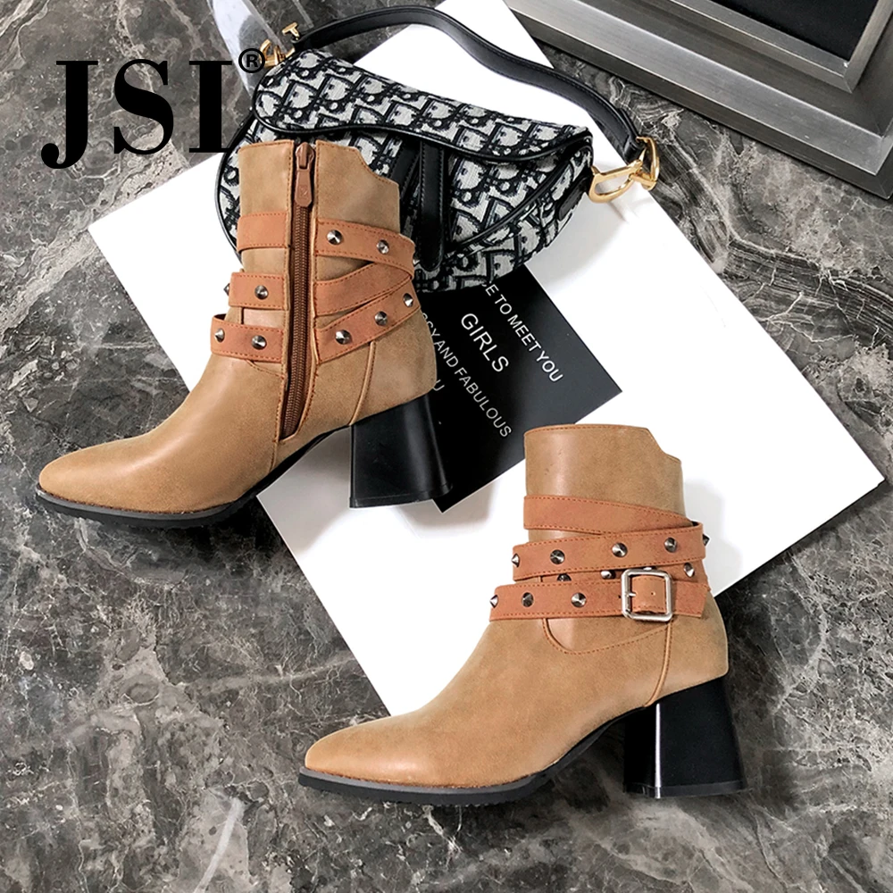 JSI/зимние модные однотонные женские ботинки обувь до середины икры с острым носком женские ботинки на высоком квадратном каблуке, пряжка из микрофибры, ремешок, JE24