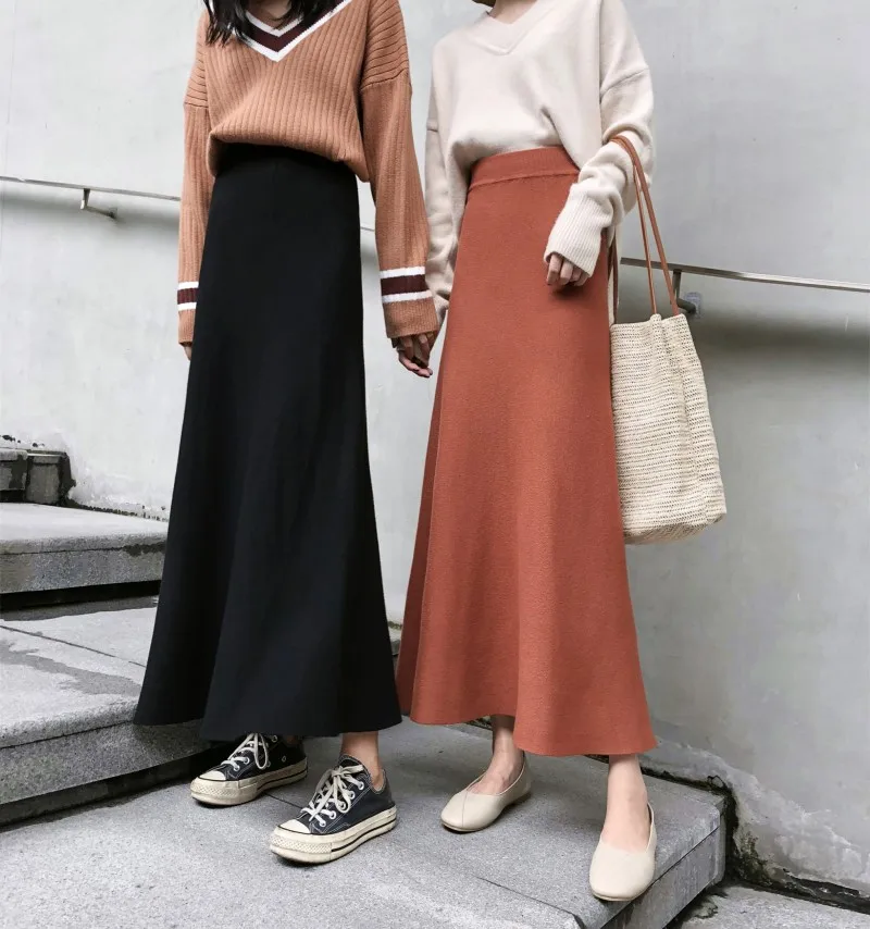 Элегантные черные юбки женские трапециевидные корейские стильные уличные трикотажные юбки с высокой талией однотонные простые миди юбки зима осень