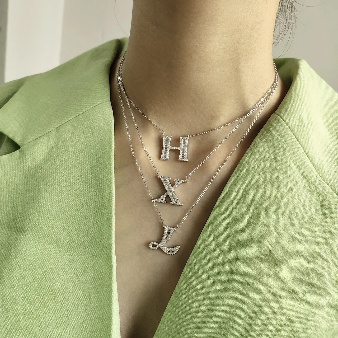 

S925 Sterling Silver Letter Pendant Platinum Color Necklace Rhinestone inlay Square Letter Initial Name Necklace