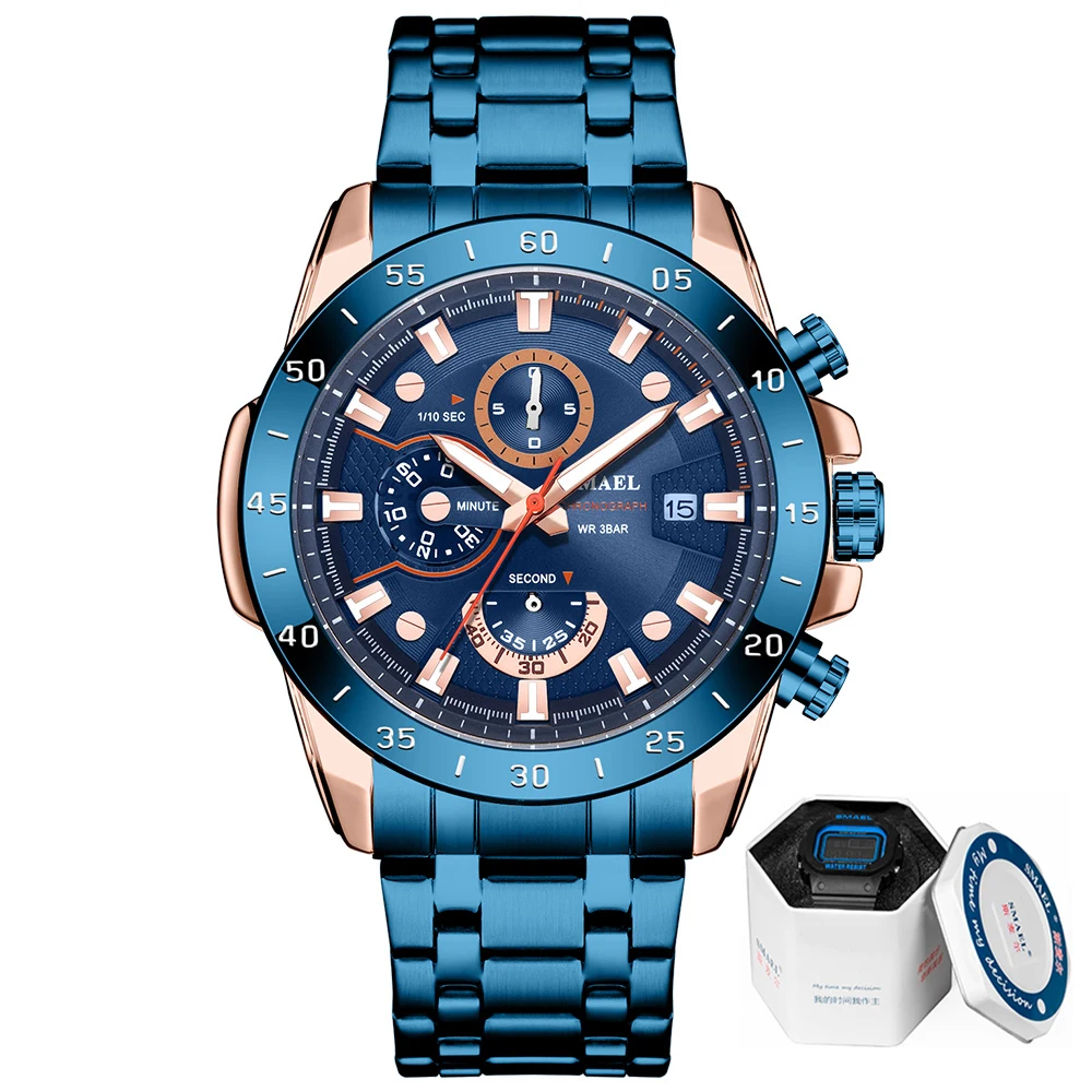 Blue with Gift Box SMAEL Для мужчин s часы лучший бренд класса люкс большой циферблат хронограф серебряные спортивные часы Для мужчин Водонепроницаемый Нержавеющая сталь наручные 9090 - Цвет: Blue with Gift Box
