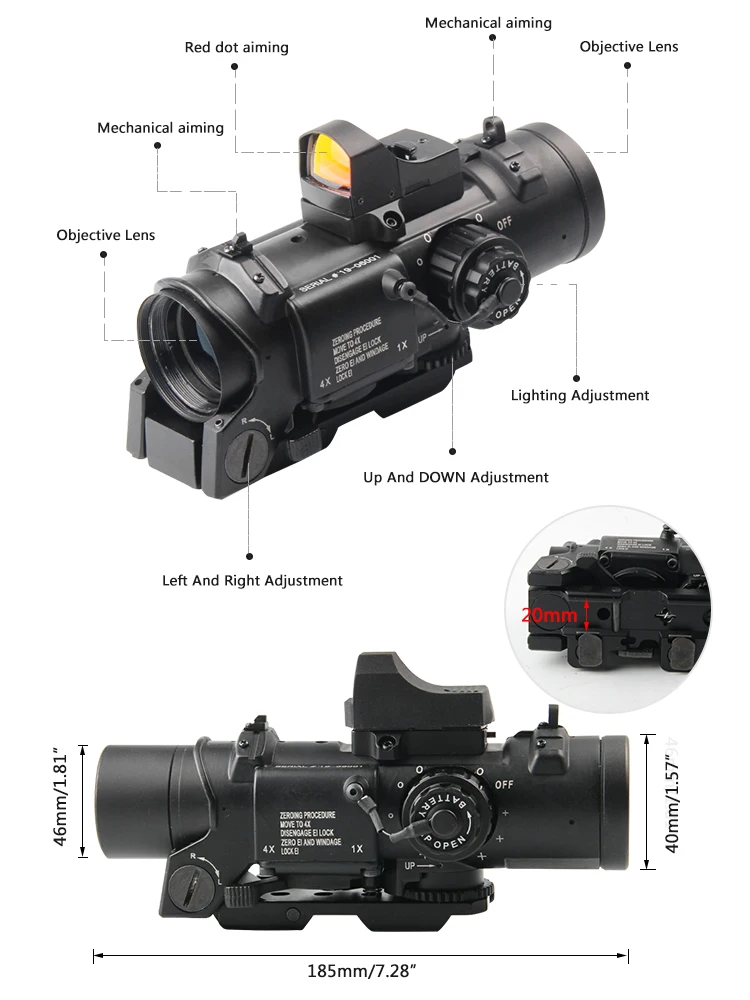 Scope com Mini Rmr para Rifle de Caça Tático Destacável Rápido Fixo Dupla Função Óptica Rifle Red Dot Scope Airsoft Tiro 1x-4x 10 scope rmr para rifle de caça airsoft tiro