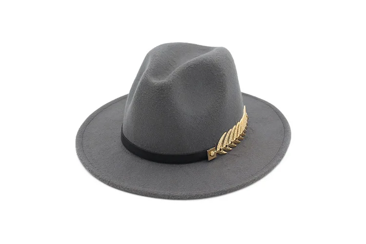 New Fashion Design Women Warm Winter Wool Metal leaf Belt Fedora Cap Wide Brim Cowboy Hat AD0779 - Цвет: Серый