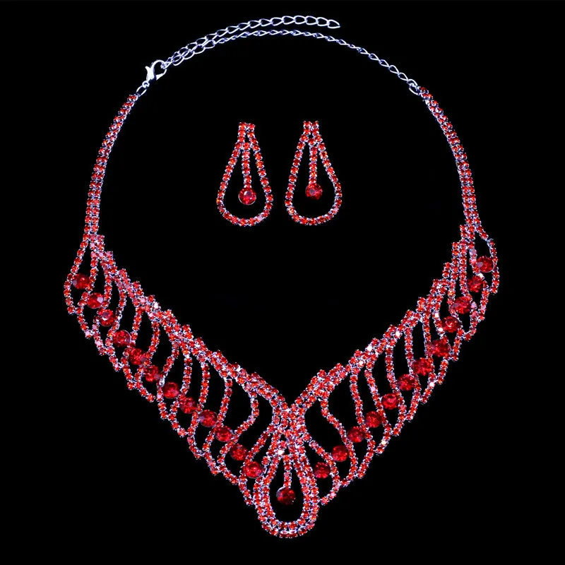 HanCheng роскошные свадебные стразы, колье, свадебные украшения, серьги, набор ювелирных изделий из кристаллов - Окраска металла: red C