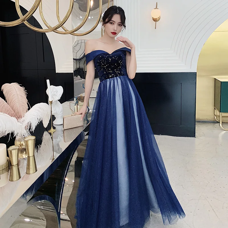 Элегантное женское синее вечернее платье с открытыми плечами, Qipao, классическое блестящее платье Cheongsam, Сексуальное Тонкое Сетчатое бальное платье vestidos