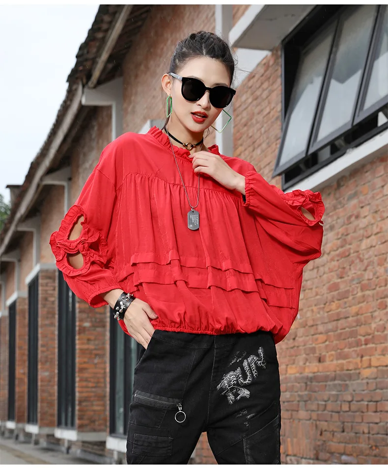 Vefadisa Hollow Out Long Sleeve T-shirt Fungus Patchwork Women T-shirt 2020 Autumn Plus Size Women T-shirt Black Red QYF3671