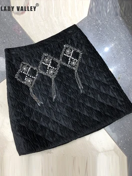 

Heavy craft beaded diamond chain decoration geometric plaid skirt ladies spring retro fashion wild bottoms