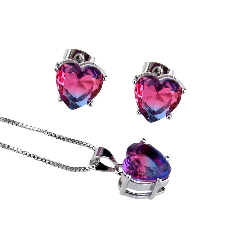 

Hot Sales Heart Shape Multi-color Zircon Earring Necklace Set Explosion Stone Double Color White Gold Plated tong diao zhui Auri