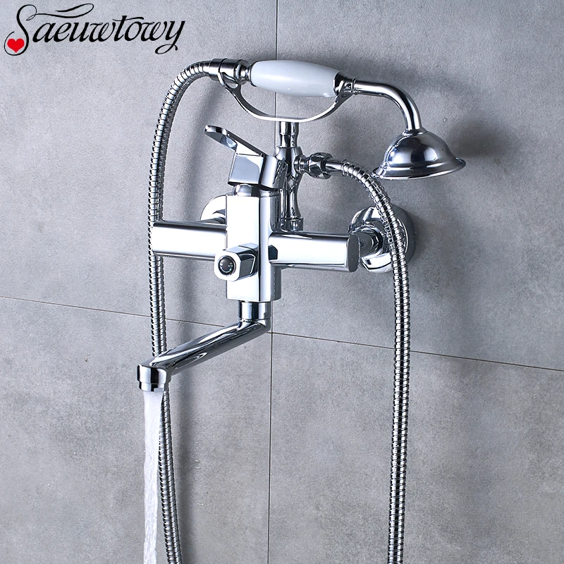 Chrome Wall-Mounted European Style Bathtub Faucet Telephone Flexible Rotating Spout Ceramic Handle Bathroom | Обустройство дома