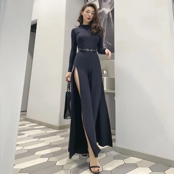 

Le Palais Vintage 2020 New Long Sleeve Black High Street Sexy Jumpsuit Sides Split Full Length Skinny Fashion Jumpsuits