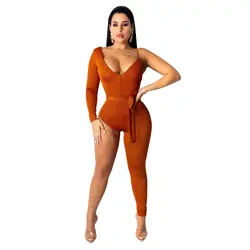 Лето-осень Для женщин комбинезон Bodycon игровой костюм спортивный костюм комбинезон комбинации Большой размер с одним рукавом и одни брюки