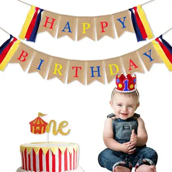 

A Set Birthday Party Theme Decor Happy Birthday Hat Letter Pull Flag One Cake Insert Card Baby Shower Party Decoration Supplies