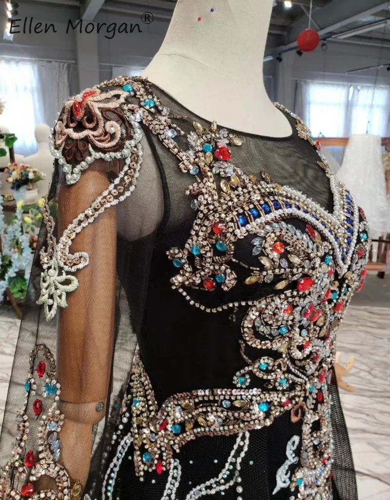 Элегантное арабское вечернее платье русалки 2019 Vestidos de gala Роскошные Длинные рукава хрустальные бусины черные тюлевые платья для