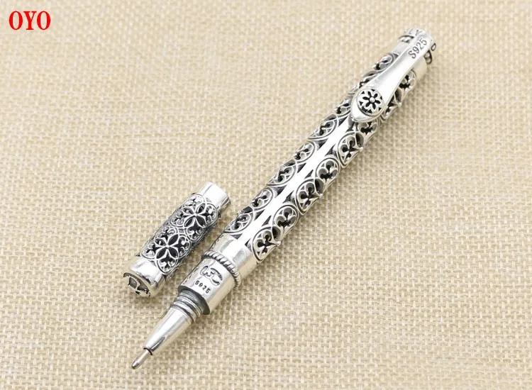 SKULL CARVING SOLID 925 STERLING SILVER PEN HANDMADE UNIQUE GOTHIC JEWELRY 