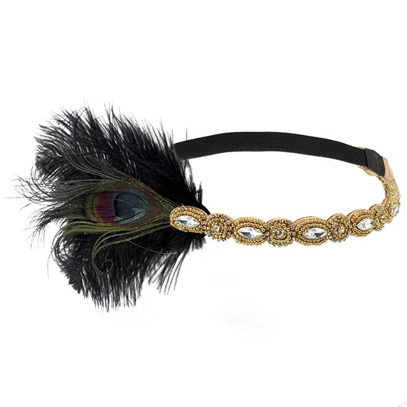 Peacock Feather Headband Retro 1920s Vintage Party Flapper Headpiece Women Rhinestone Beaded Hair Accessories Headwear - Цвет: HDR2366GD