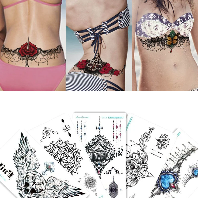 1Sheet Chest Flash Tattoo Large Flower Shoulder Arm Sternum Tattoos Henna Body/Back Paint Under Breast Skull Black Fire top chest straps punk cupless bra top leather harness belt body bondage fashion chest straps black studded rivet cropped