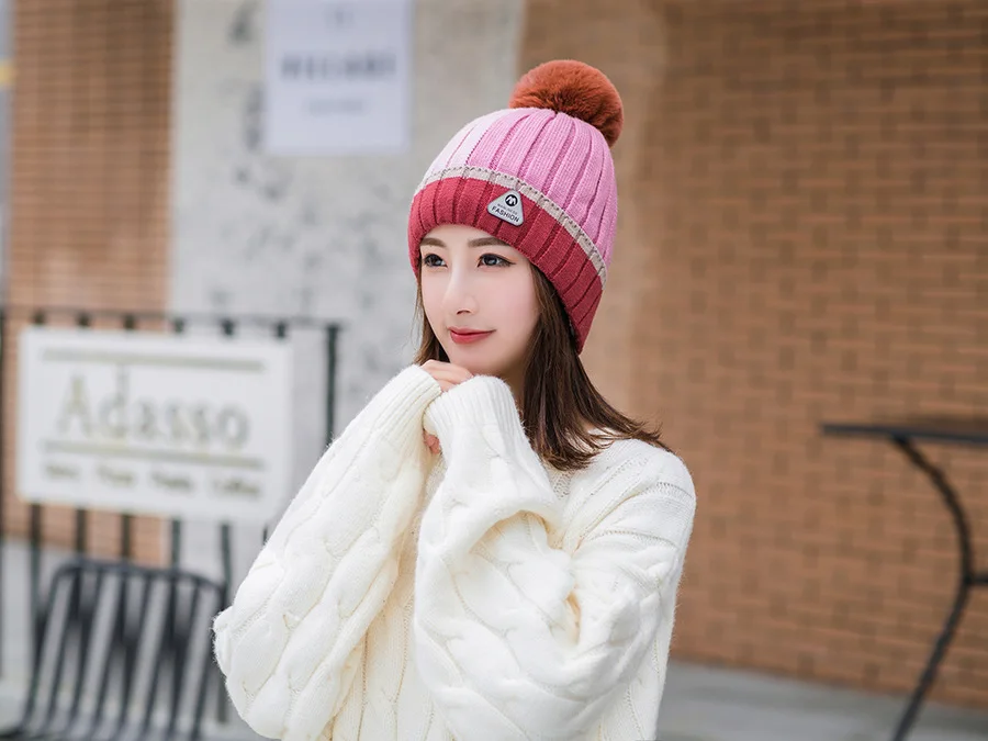 Унисекс женский Skullies& Beanies вязаный зимний теплый для катания на лыжах вязаная шапка бини оверсайз женские Лоскутные розовые шапки с бубоном
