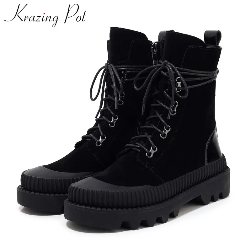 

krazing pot black colors soft breathable nuback side Zip round toe med heels thick bottom winter women lace up ankle boots L69