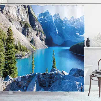 

Nature Shower Curtain, Moraine Lake Banff National Park Canada Mountains Pines Valley of The 10 Peaks, Cloth Fabric Bathroom