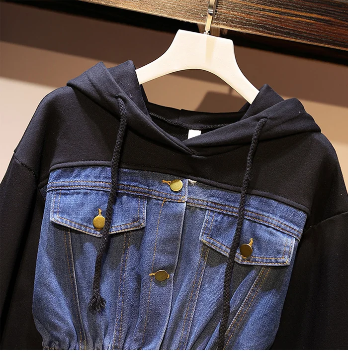 Spring Women Stitching Hit Color Hooded Hoodies Denim Plus Size Hoodies Patchwork Long Sleeve Loose Pullovers Jean Sweatshirts