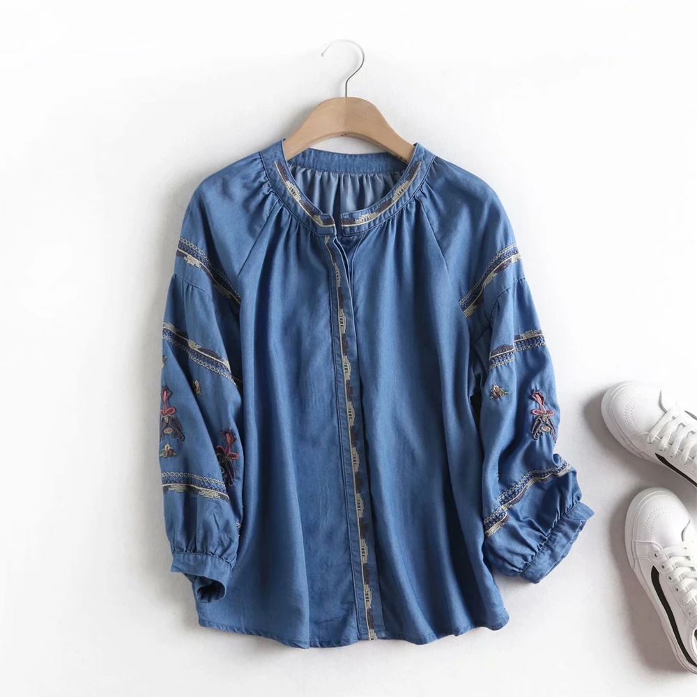long lantern sleeves denim shirt blouse women embroidery soft jeans shirt blue tops cute cotton blusas mujer young style blouse 2