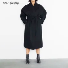 Звездный Светлячок Женское пальто осень зима длинный рукав лацкан с поясом длинное черное шерстяное пальто элегантное женское офисное пальто