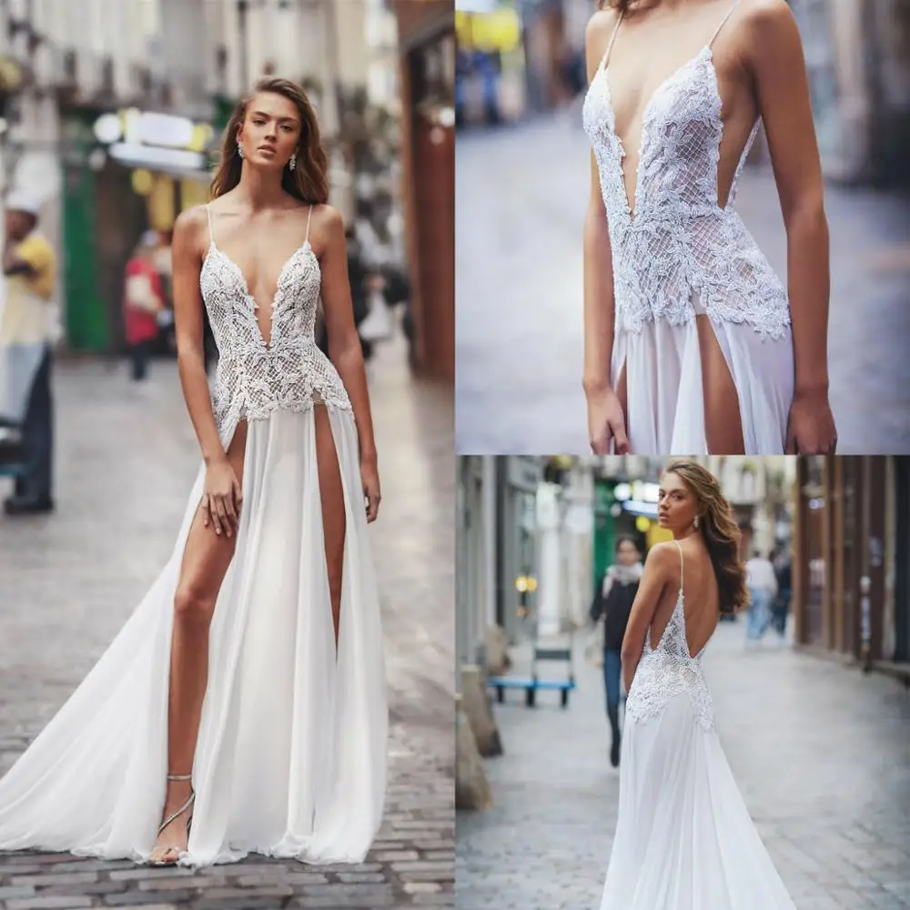 

Spaghetti Strapless Boho Wedding Dresses with Thigh High Slits 2020 Lace Applique Beach Wedding Gowns Sexy Robe De Mariee