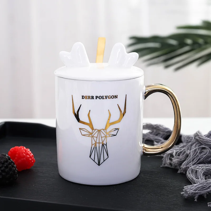White deer head Скандинавский стиль Новогоднее Рождественское украшение оленьи рога керамические золотистые чашки с крышкой с ложкой в подарок чашка необычная Кружка Подарочная кружка 320 мл - Цвет: White deer head