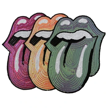 

WUYUCONG Custom Orange/ Purple Hot Pink Sequined Tongue Patches for Clothes Sequins Lips Rock Embroidery Applique Iron on Patch