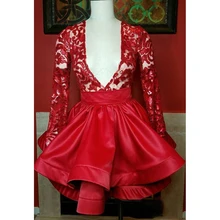 Короткое красное платье для выпускного вечера, сексуальное ТРАПЕЦИЕВИДНОЕ ПЛАТЬЕ С Длинным Рукавом и кружевной аппликацией, торжественное платье с глубоким v-образным вырезом, вечерние платья с круглым вырезом CP368