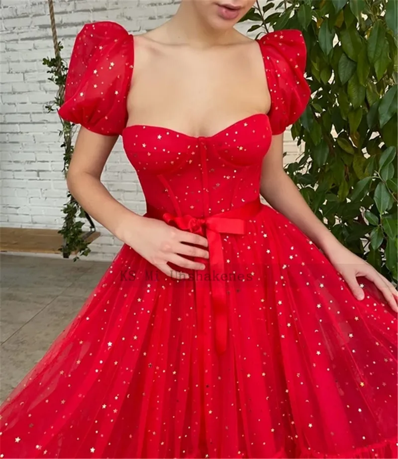 Red Prom Dresses Puffy Short Sleeves Tea Length Wedding Party Evening Gowns Glittered Stars Moons Tulle Bones Homecoming Dress black prom dress