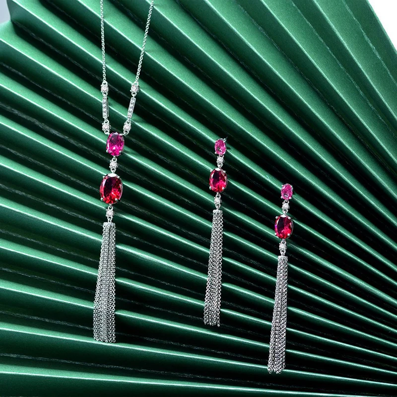 OEVAS 100% 925 Sterling Silver 10*14mm Oval Ruby High Carbon Diamond Pendant Necklace For Women Sparkling Wedding Fine Jewelry