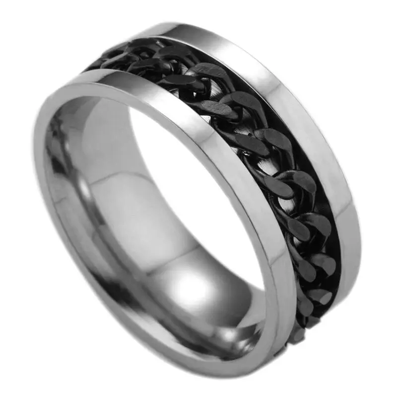 Размер 6-12, вращающаяся цепочка, новинка, очаровательное стальное кольцо с покрытием, мужская мода, креативный браслет, кольцо из нержавеющей стали, ювелирное изделие - Цвет основного камня: Черный