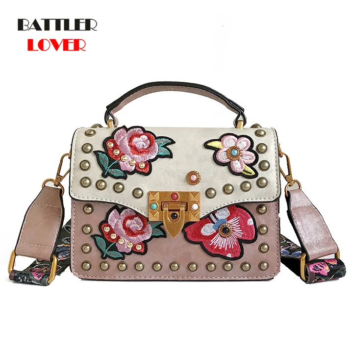 Bohemian Embroidery Appliques Bags Women Lock Crossbody Bag Satchels for Ladies Rivet Handbags Flowers Butterfly Strap Flap