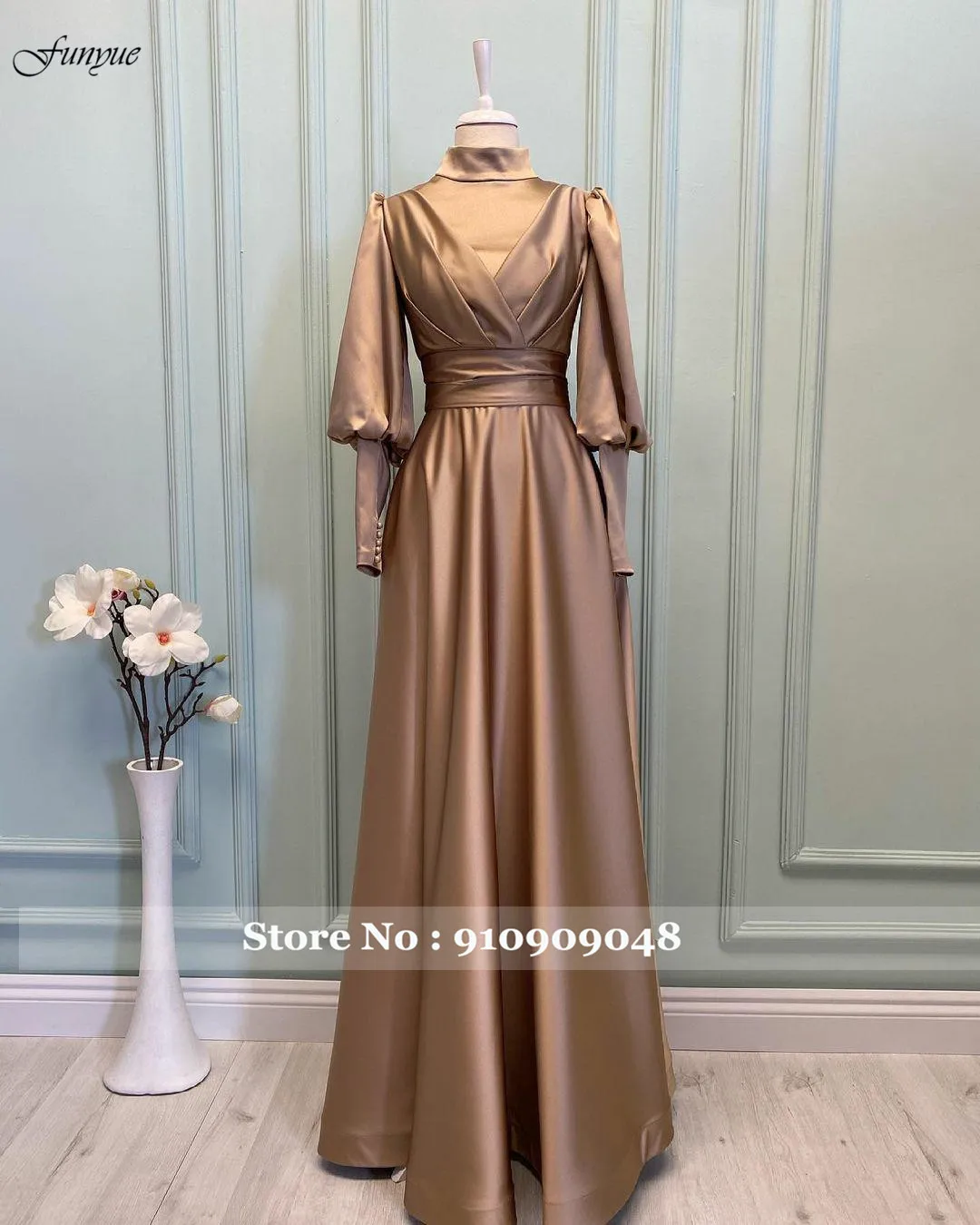 long gown Funyue Elegant A-Line Satin Hijab Evening Gowns Long Sleeve Muslim Formal Dress Simple Abiye Gece Elbisesi Abendkleider 2022 evening wear Evening Dresses