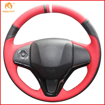 

MEWANT Black Red Genuine Leather Car Steering Wheel Cover for Honda New Fit City Jazz 2014 2015 HRV HR-V 2016 Vezel 2015-2017