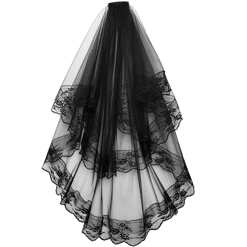 Черная белая кружевная Фата невесты с расческой, короткая двухслойная элегантная винтажная свадебная фата для невесты, косплей, костюм, аксессуары для волос