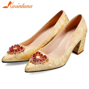 

KARINLUNA New Ladies Pointed Toe Pumps Crystal Decorating High Heels Pumps Women Spring Brand Embroider Wedding Shoes Woman