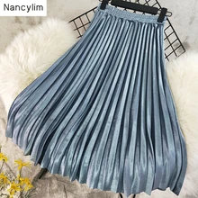 Весенне-осенняя Женская золотистая бархатная плиссированная юбка женская юбка средней длины с высокой талией универсальные базовые юбки для женщин