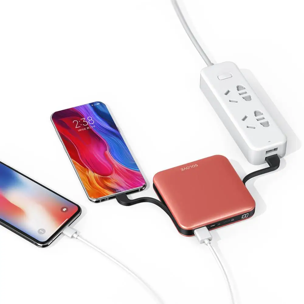 xiaomi SOLOVE, 10000 мА/ч, внешний аккумулятор, портативный, 2.1A, быстрая зарядка с линией, внешний аккумулятор для iPhone, samsung, huawei, xiaomi