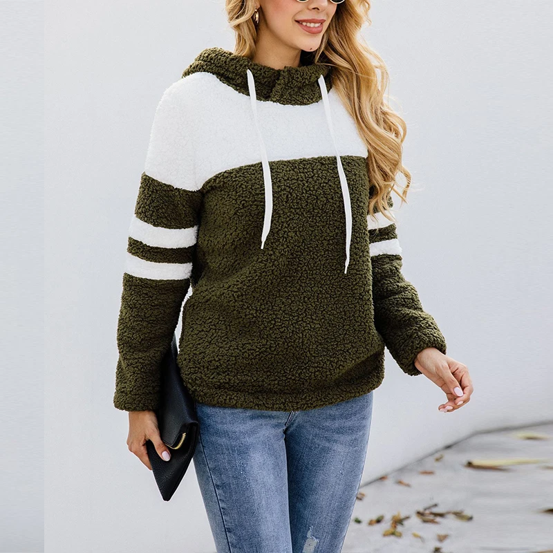 

Duzeala 2019 Women Faux Fur Hoody Pullover Autumn Winter Warm Casual Sweatshirt Patchwork Color Long Sleeve Hooded Hoodies