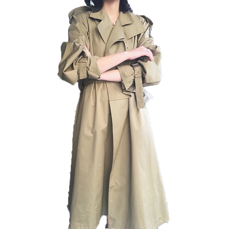 

Korean Style Women Office Lady Casual Trench Coat Turn-down Collar Knee Length Long Sleeve Slim Waist Belt Buttons XS-XL Khaki