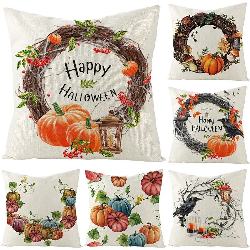 

2020 Cross Border New Style Halloween Flax Hold Pillow Case Customizable Home Sofa Cushion Waist Pillow Case
